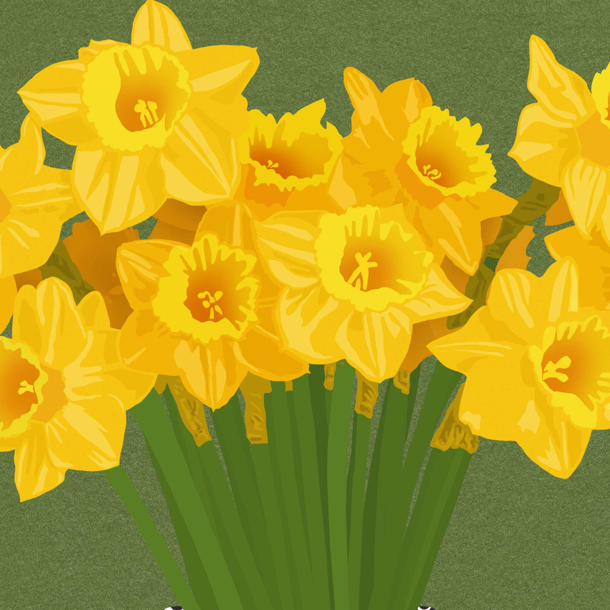 A stylized illustration of a bouquet of yellow daffodils with green stems against a muted olive-green background.