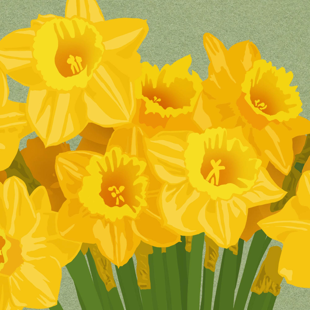 A stylized illustration of a bouquet of yellow daffodils with green stems against a muted olive-green background.