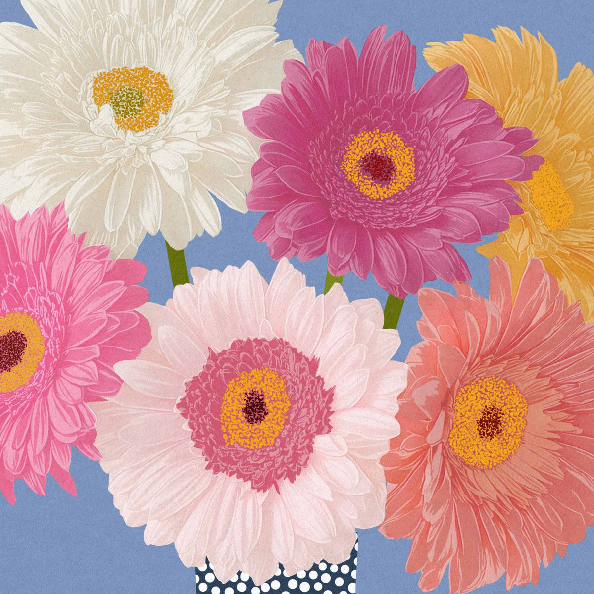 A stylized floral illustration of several gerbera daisies in white, pink, coral, and yellow with yellow centers, arranged against a light blue background.