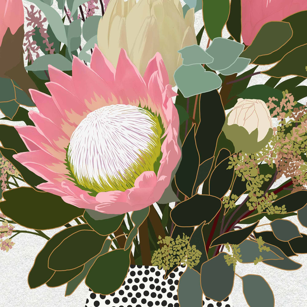 A stylized floral illustration featuring a large pink protea flower with a white and yellow center, surrounded by green and sage leaves, with gold linework throughout the composition.