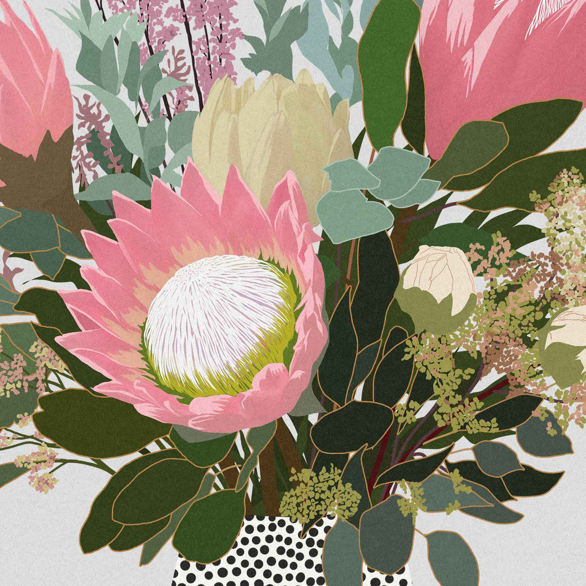A stylized floral illustration featuring a large pink protea flower, green and sage foliage, and soft pink and cream blossoms arranged in a vase with a black-and-white polka dot pattern against a light background.