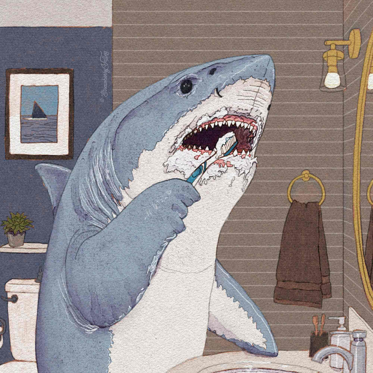 A whimsical illustration of a great white shark brushing its teeth in a bathroom, with a sink, towel, and framed picture in the background.