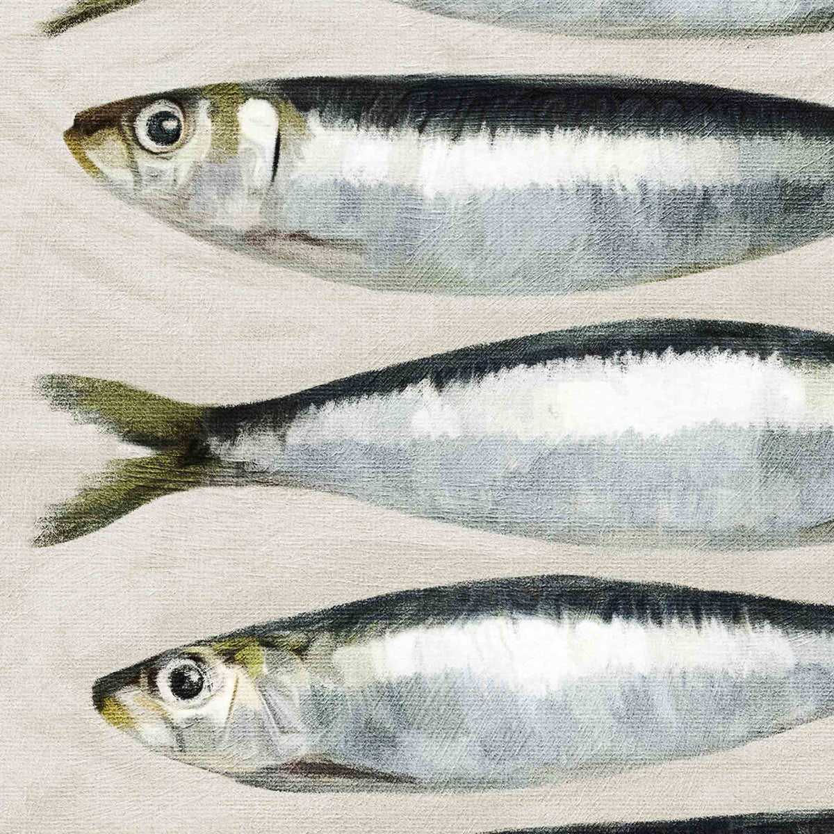 A close-up of a printed fabric featuring a repeating pattern of painted silver and gray fish on a light beige background.
