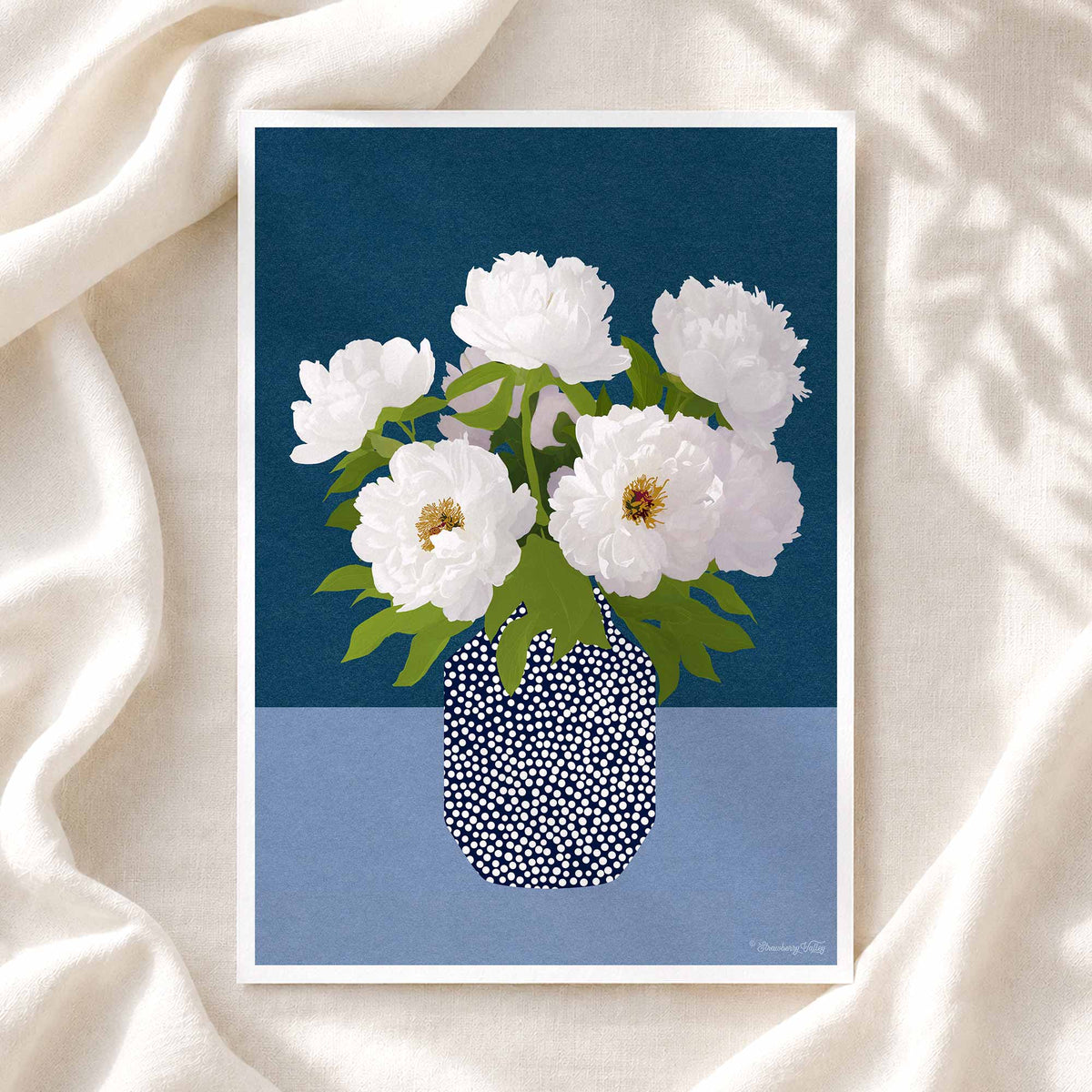 an art print depicting white peony flowers, made in a contemporary graphic style, suitable for modern home decor.