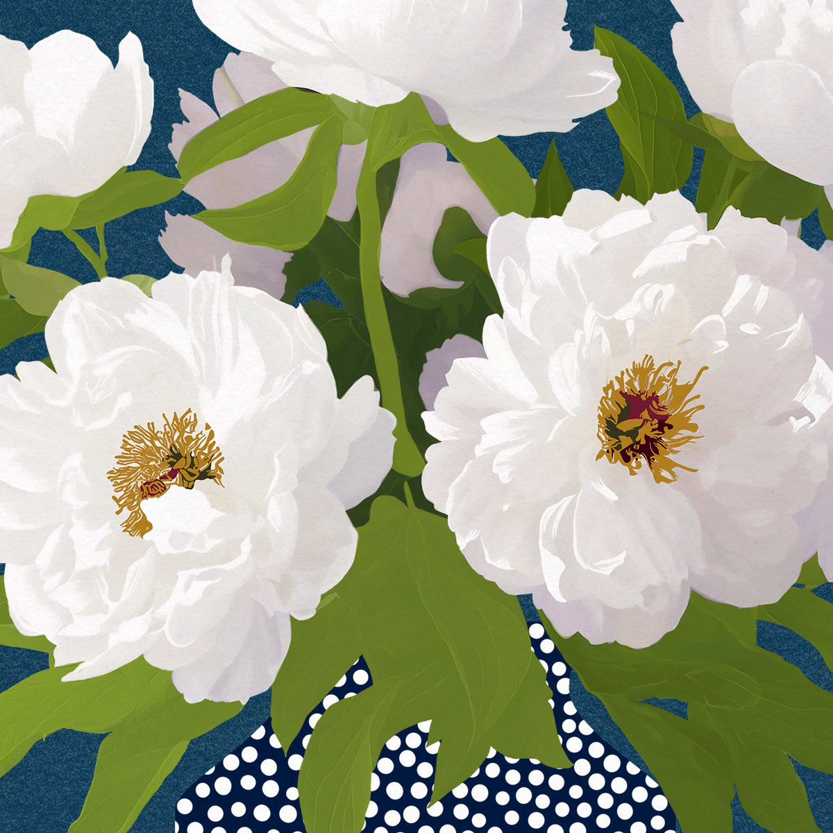A stylized floral artwork showing large white peony-like flowers with yellow centers and green leaves against a blue background, with a navy-and-white polka dot vase visible at the bottom.