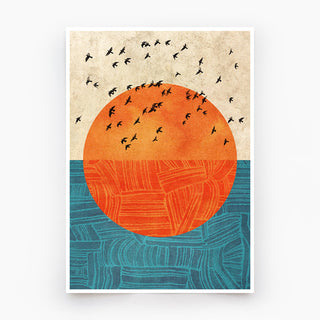 A bold abstract sunrise art print featuring a textured orange sun rising over a deep blue ocean with birds flying across.