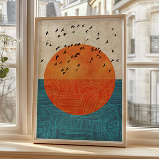 A modern, colourful sun and ocean wall art print, perfect for contemporary decor.