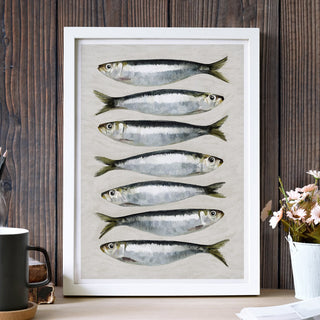 A modern sardines wall art illustration with a painterly style, ideal for coastal or seafood-themed spaces.