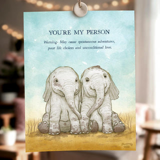 whimsical art print of two best friend elephants, a great gift for your favourite person