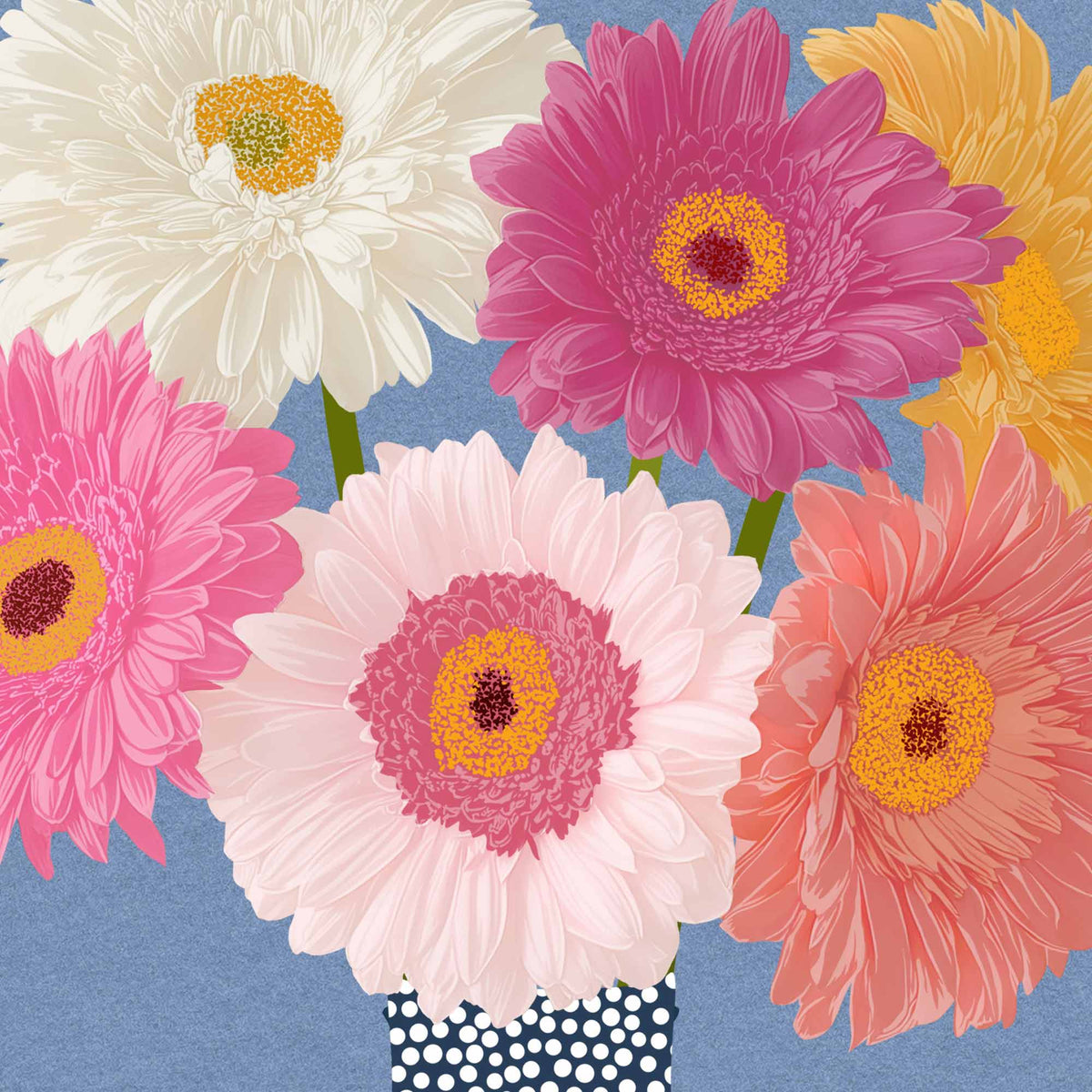 A stylized floral illustration of several gerbera daisies in white, pink, light pink, coral, and yellow arranged in a navy-and-white polka dot vase against a blue background.