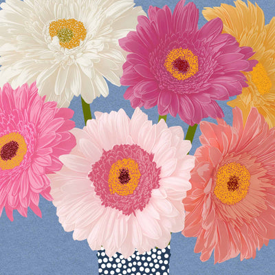 A stylized floral illustration of several gerbera daisies in white, pink, light pink, coral, and yellow arranged in a navy-and-white polka dot vase against a blue background.