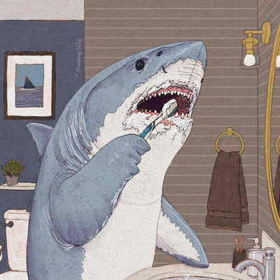 A whimsical illustration of a great white shark brushing its teeth in a bathroom, with a sink, towel, and framed picture in the background.