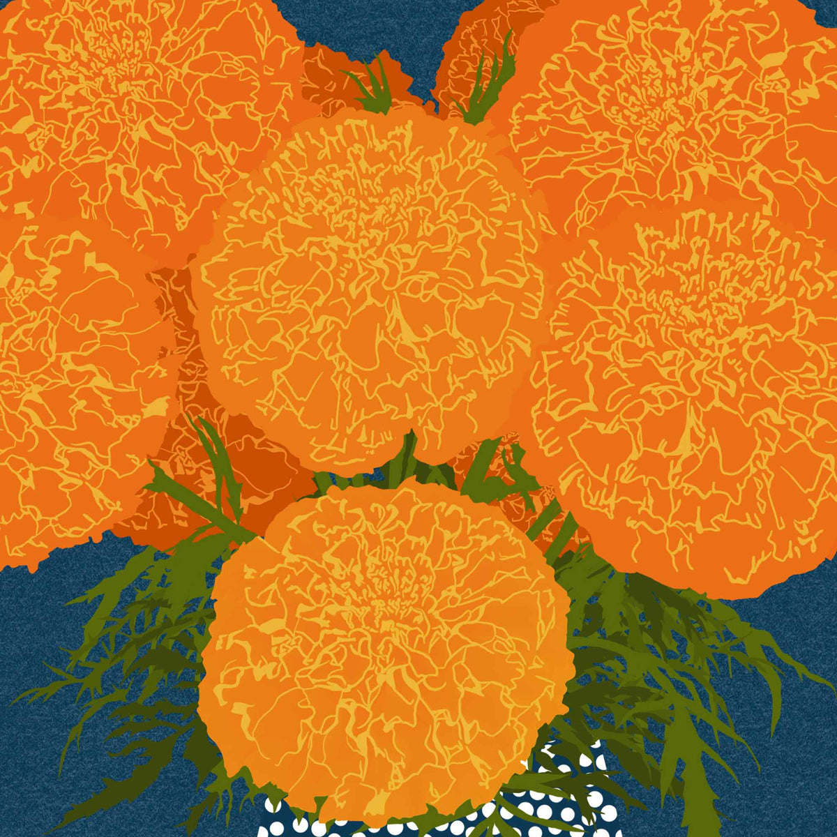 A stylized floral artwork showing large orange marigold-like flowers with green leaves on a dark blue background.