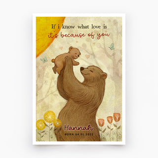 Illustrated art print of a mother bear joyfully lifting her baby cub, with a colourful background.