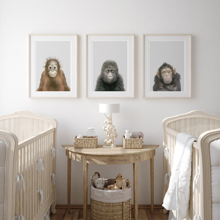 set of three nursery animal prints including a baby gorilla