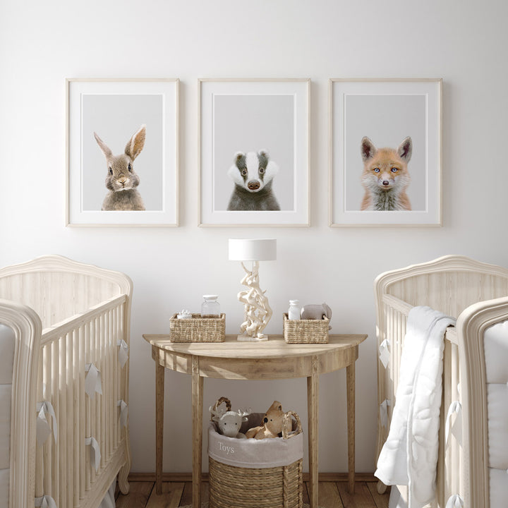 set of three nursery animal prints including a badger