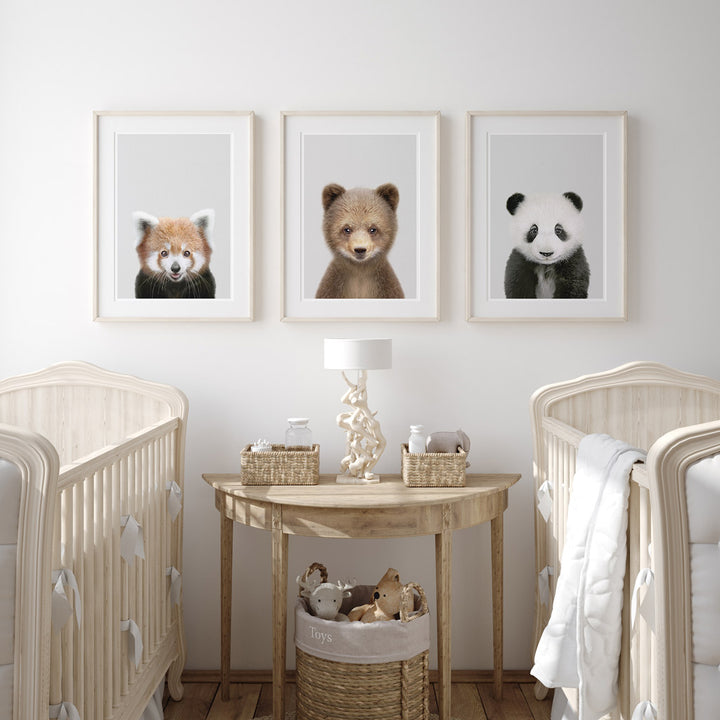 set of three nursery animal prints including a brown bear