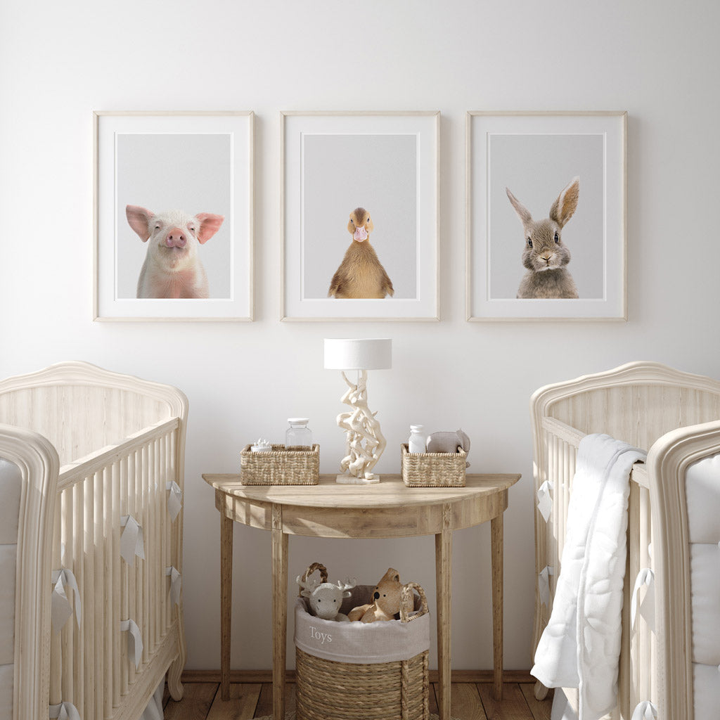 set of three nursery animal prints including a brown duckling