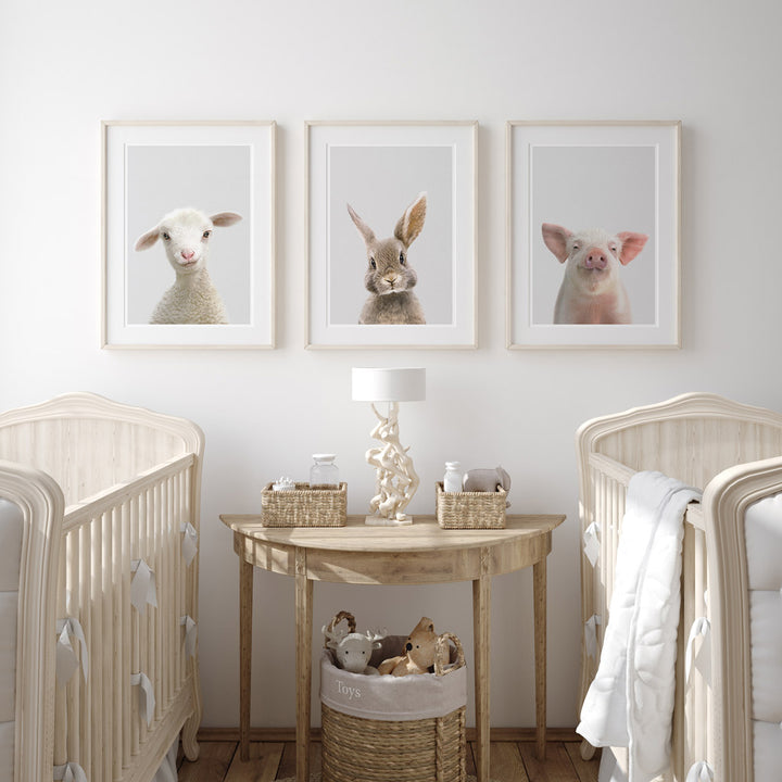 set of three nursery animal prints including a brown rabbit