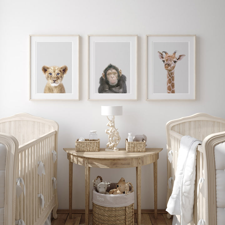 set of three nursery animal prints including a chimpanzee