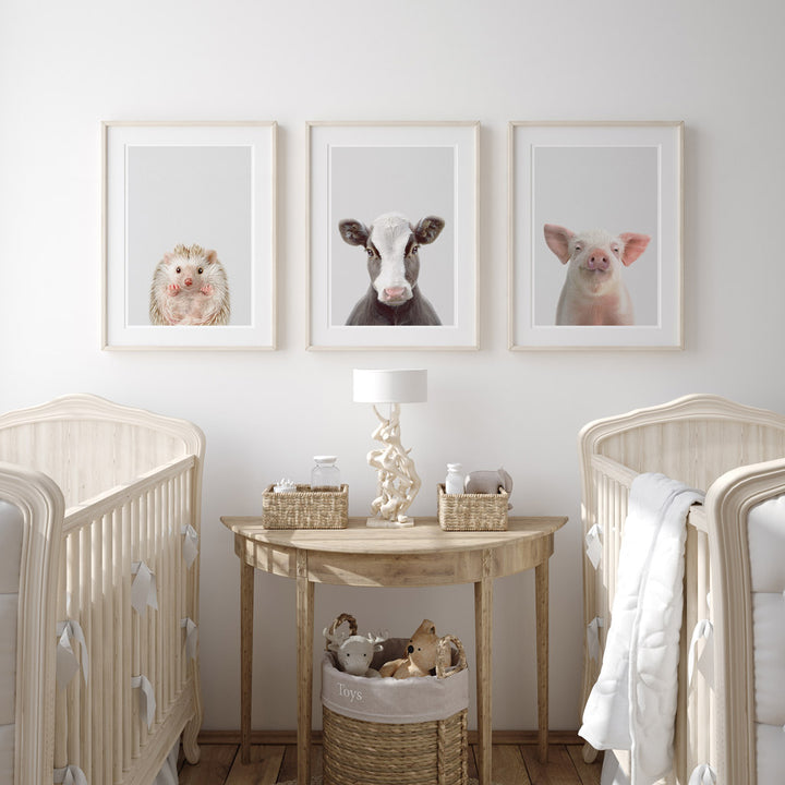 set of three nursery animal prints including a cow