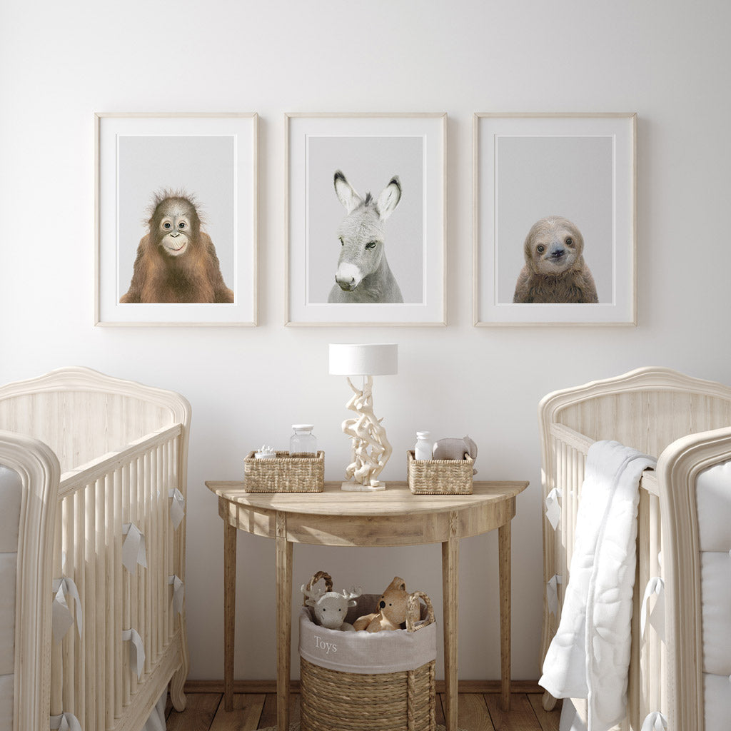set of three nursery animal prints including a donkey