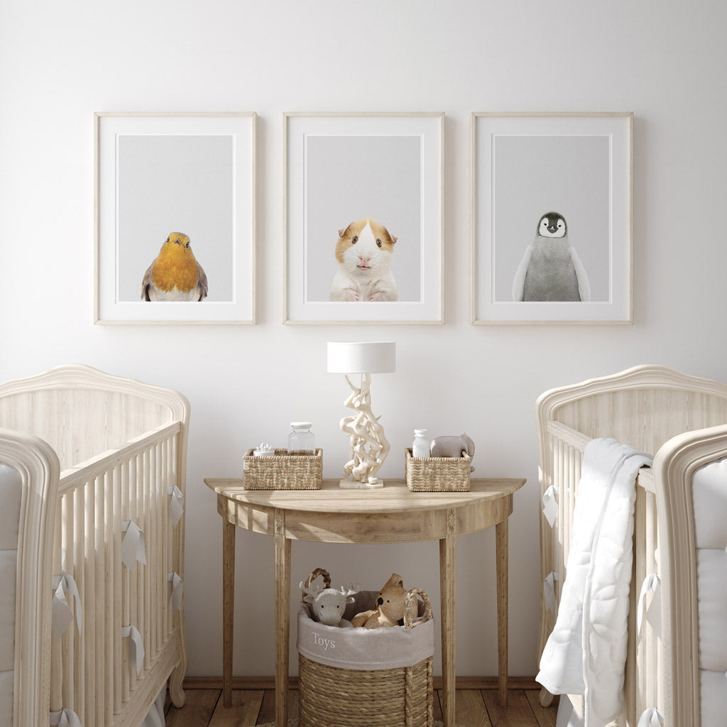 set of three nursery animal prints including a guinea pig