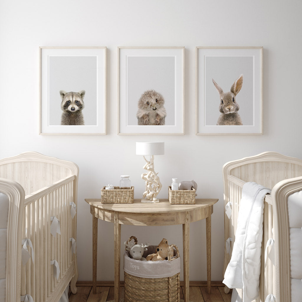 set of three nursery animal prints including a hedgehog