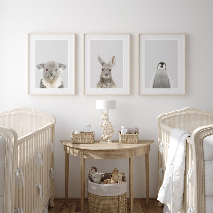 set of three nursery animal prints including a kangaroo