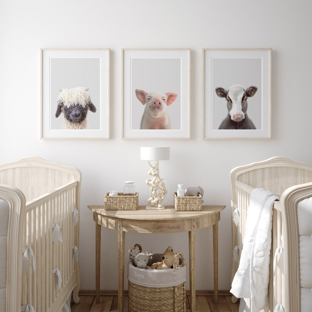 set of three nursery animal prints including a piglet