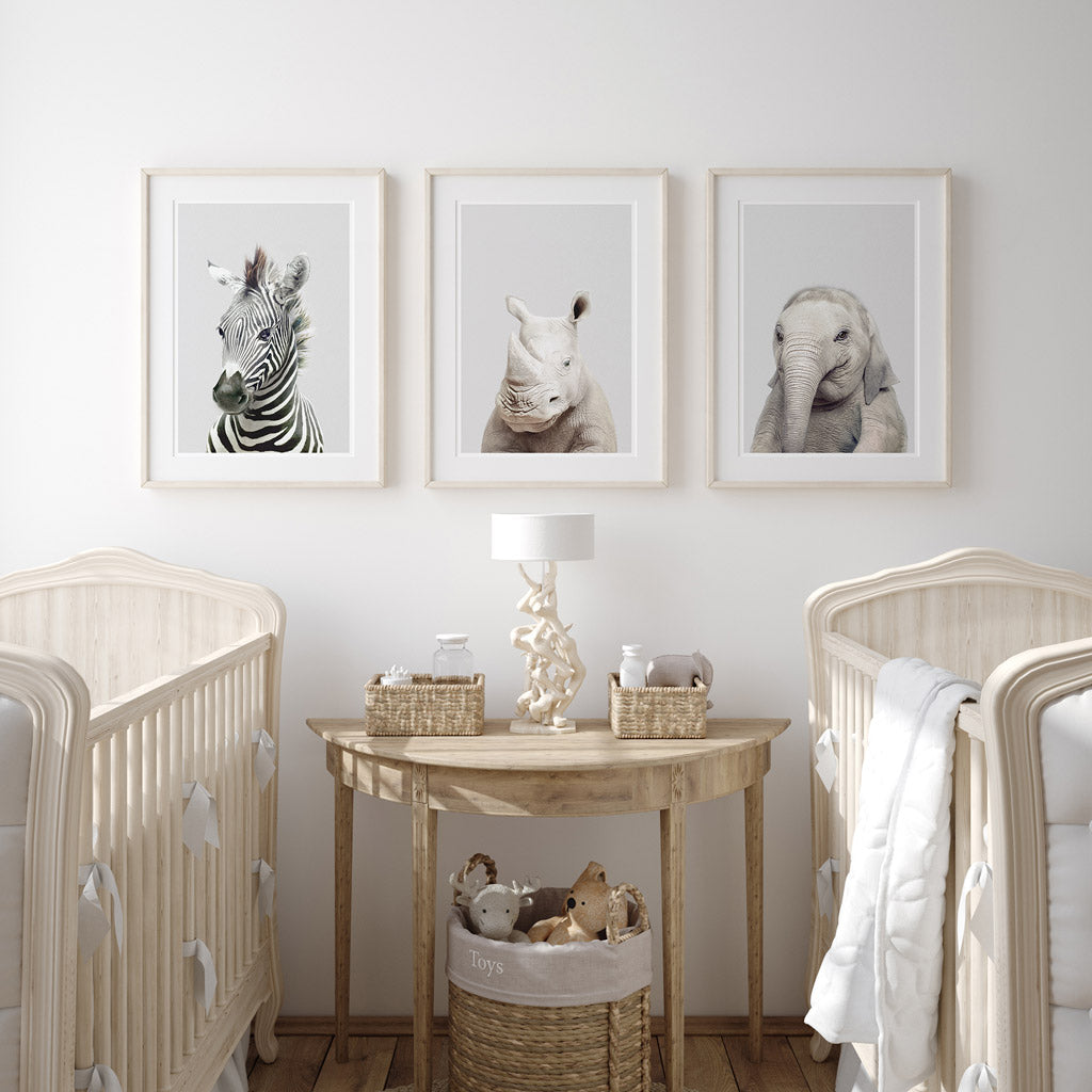 set of three nursery animal prints including a rhino