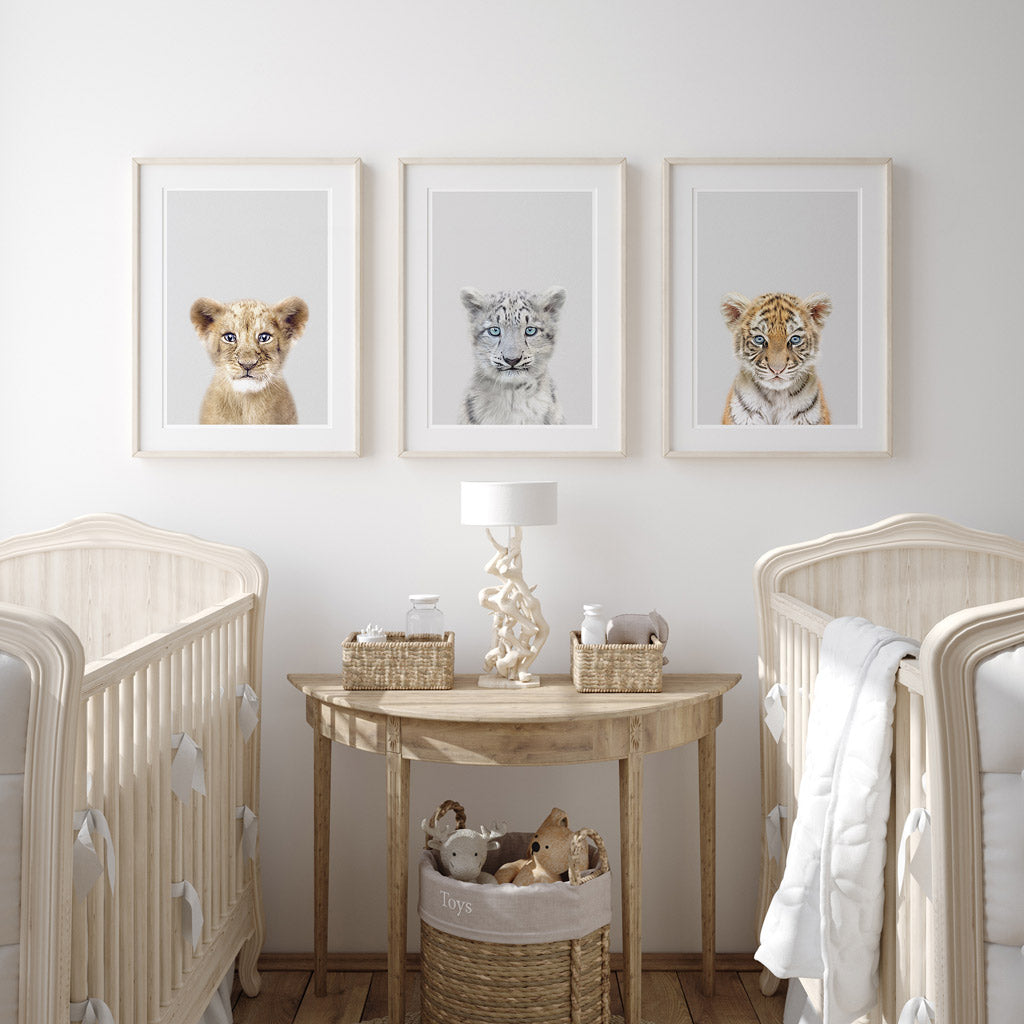 set of three nursery animal prints including a snow leopard
