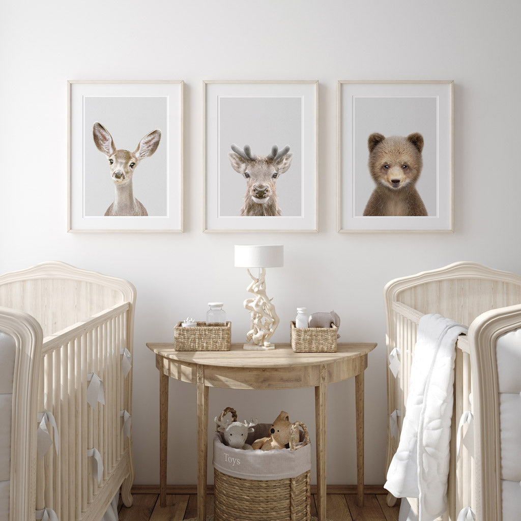 set of three nursery animal prints including a baby stag