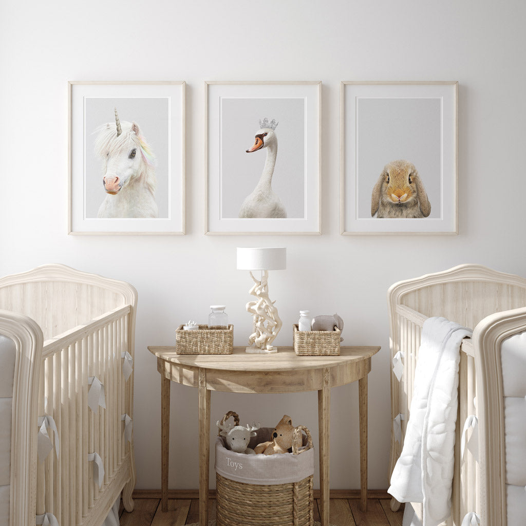 set of three nursery animal prints including a swan princess