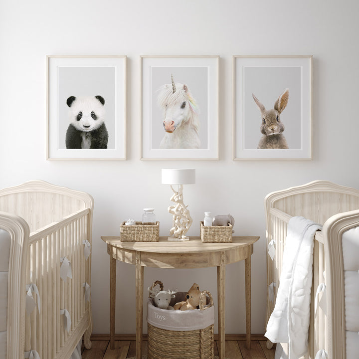 set of three nursery animal prints including a unicorn