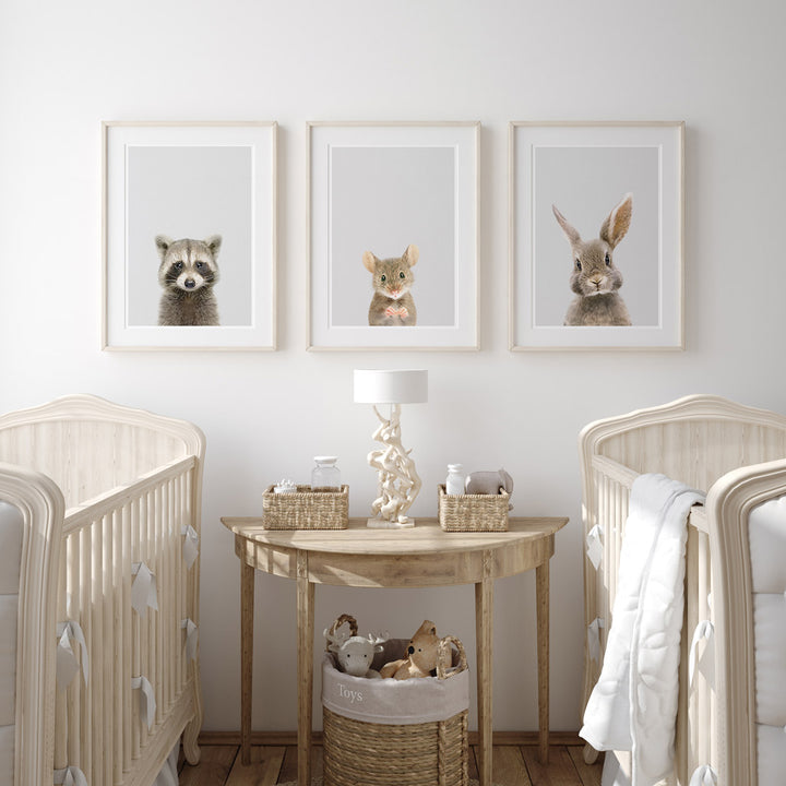 set of three nursery animal prints including a wood mouse