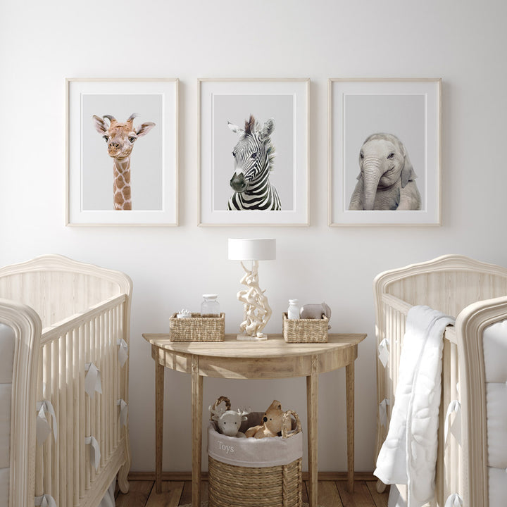 set of three nursery animal prints including a zebra