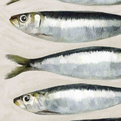 A close-up of a printed fabric featuring a repeating pattern of painted silver and gray fish on a light beige background.