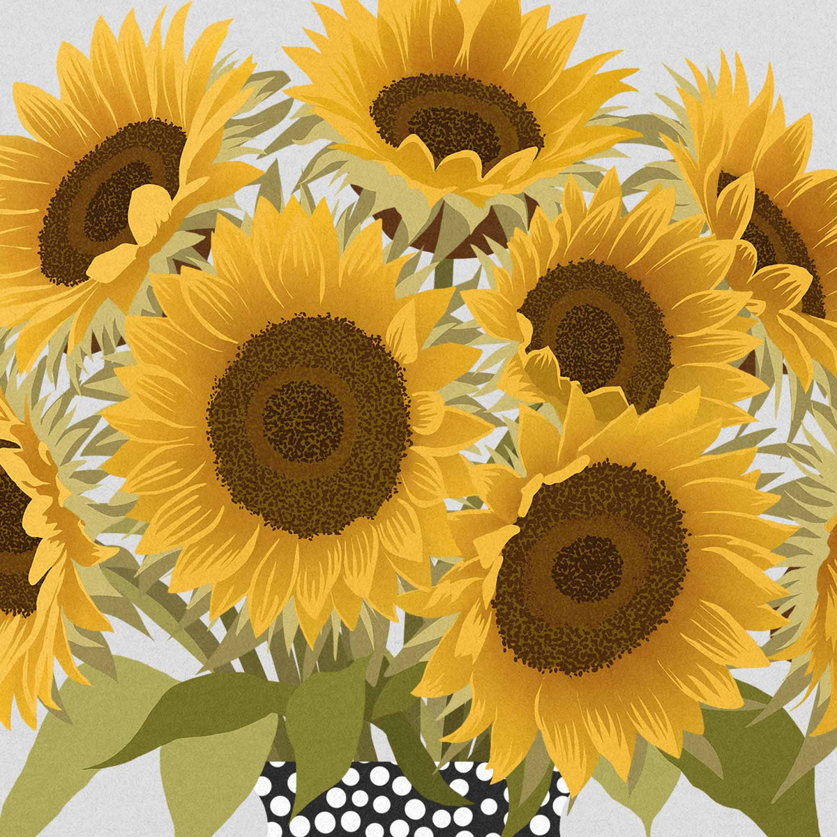 A stylized floral illustration of sunflowers with large yellow petals, dark brown centers, and green leaves, arranged in a vase against a light gray background.