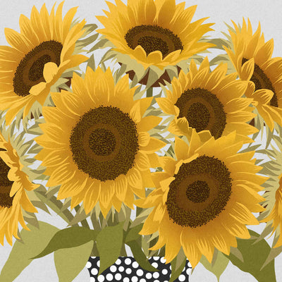 A stylized floral illustration of sunflowers with large yellow petals, dark brown centers, and green leaves, arranged in a vase against a light gray background.