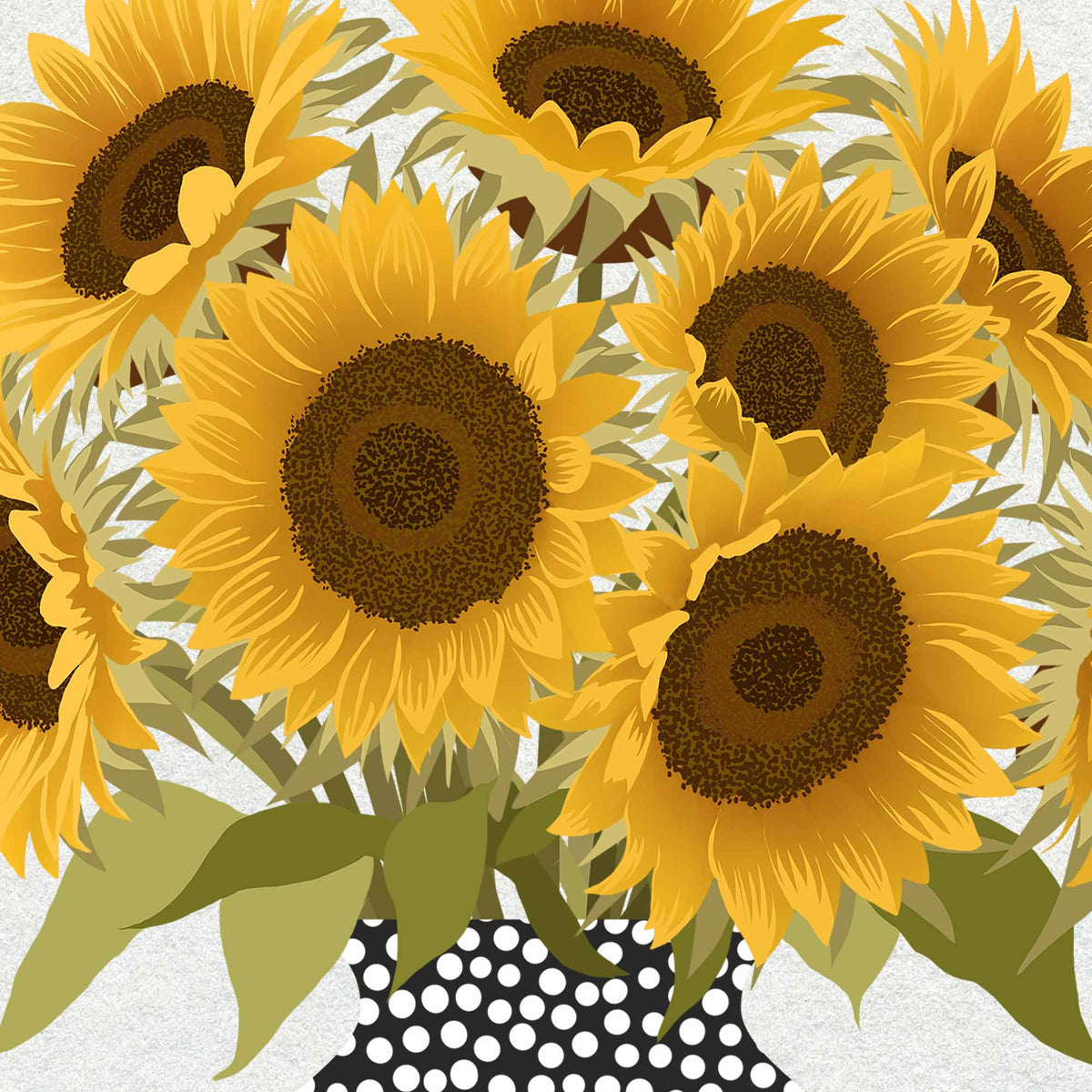 A stylized illustration of multiple yellow sunflowers with dark brown centers and green leaves, arranged in a black-and-white polka dot vase against a light textured background.