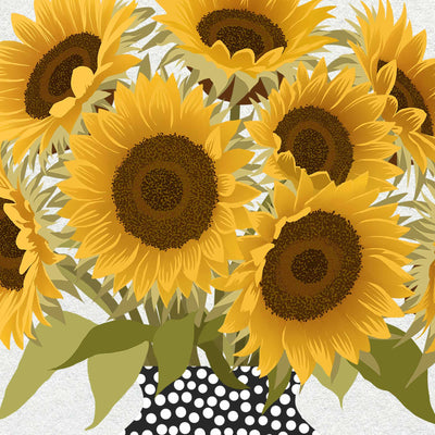 A stylized illustration of multiple yellow sunflowers with dark brown centers and green leaves, arranged in a black-and-white polka dot vase against a light textured background.