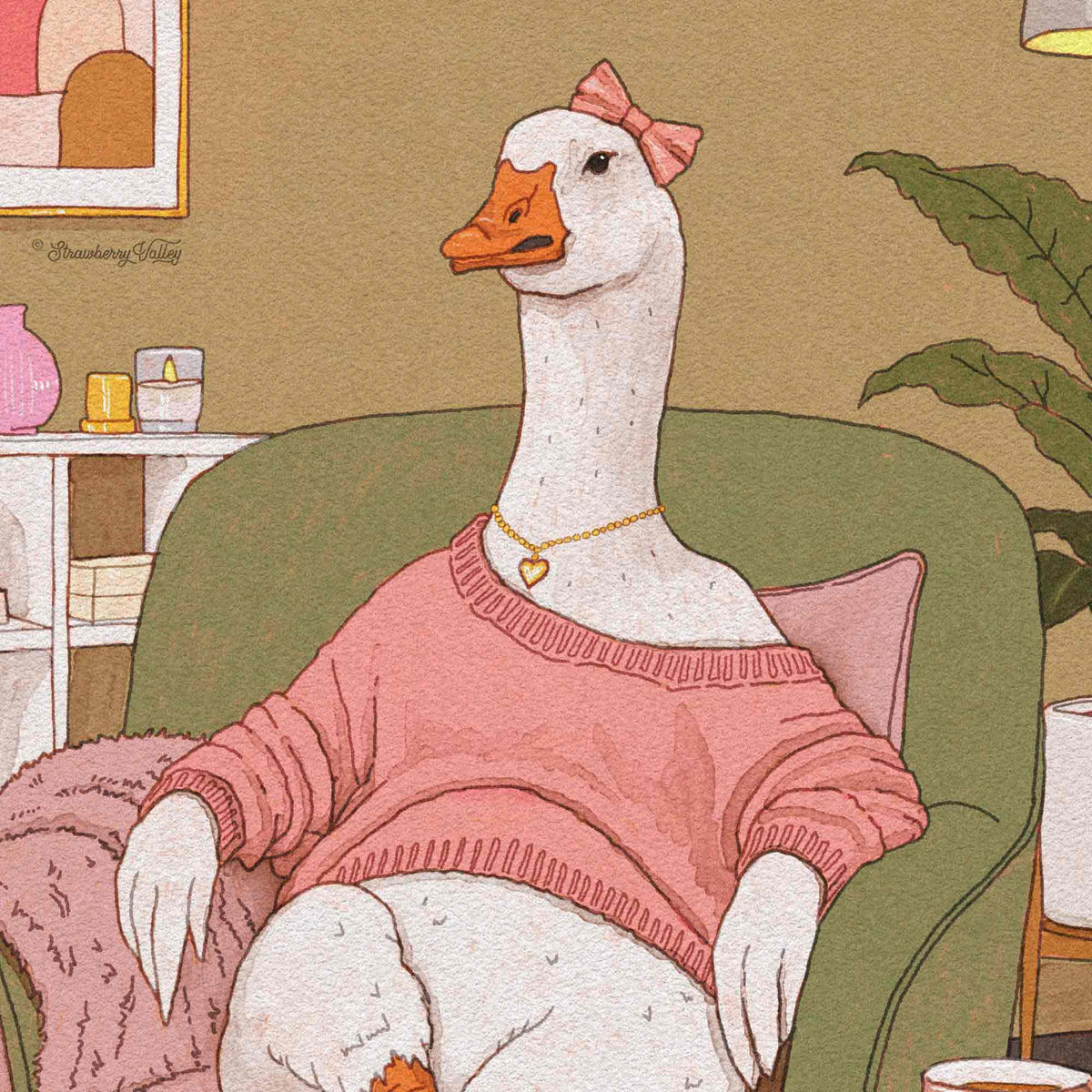 A stylized illustration of a white goose wearing a pink sweater, gold heart necklace, and pink bow, sitting in a green armchair in a cozy room.