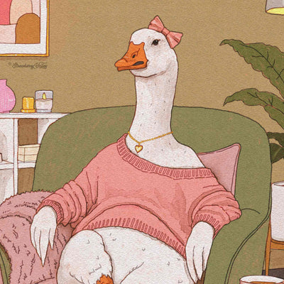 A stylized illustration of a white goose wearing a pink sweater, gold heart necklace, and pink bow, sitting in a green armchair in a cozy room.