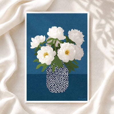 an art print depicting white peony flowers, made in a contemporary graphic style, suitable for modern home decor.