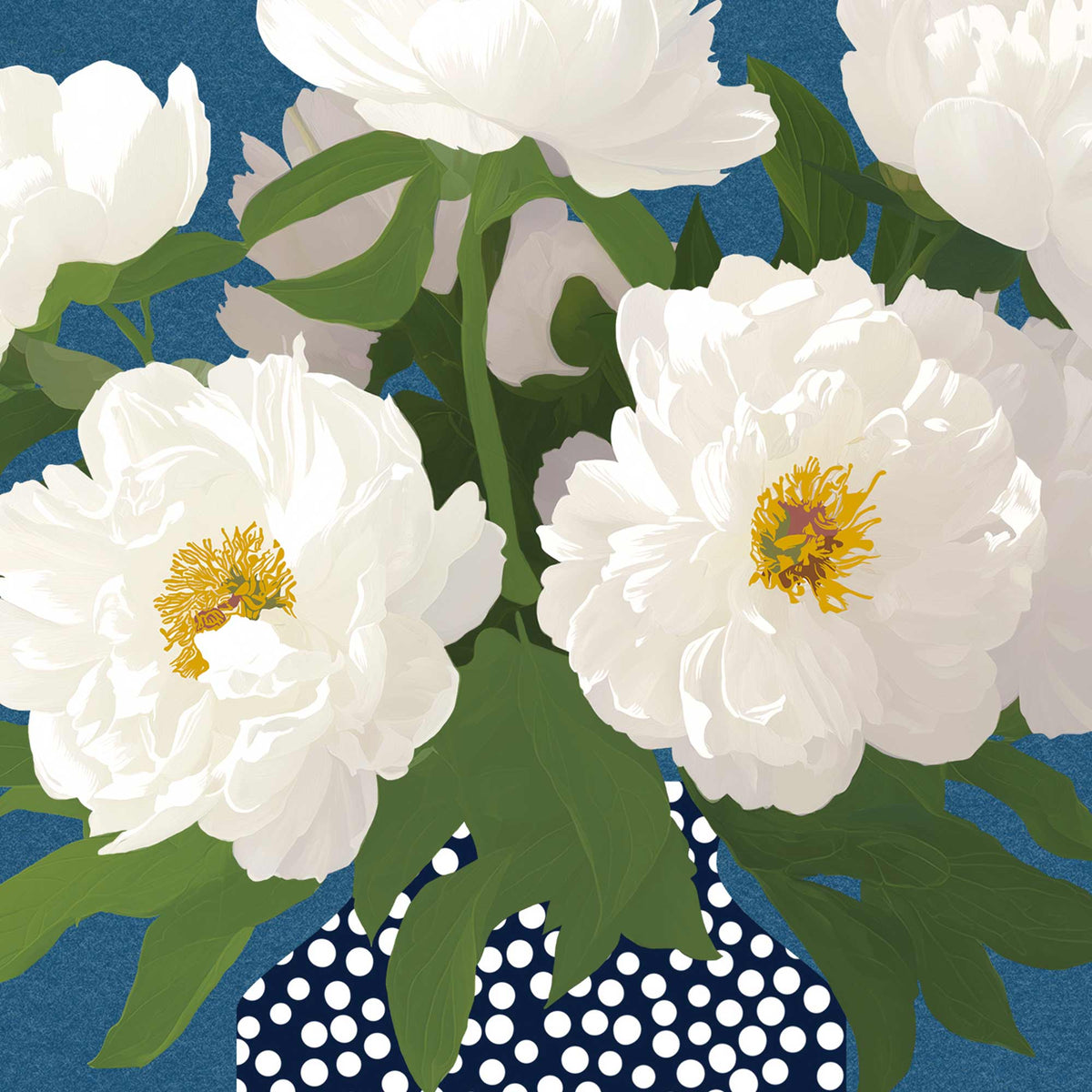 A stylized floral artwork showing large white peony-like flowers with yellow centers and green leaves against a blue background, with a navy-and-white polka dot vase visible at the bottom.
