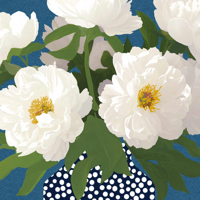 A stylized floral artwork showing large white peony-like flowers with yellow centers and green leaves against a blue background, with a navy-and-white polka dot vase visible at the bottom.